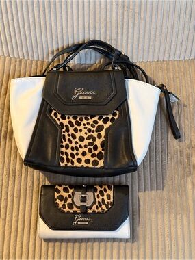 GUESS Black, White & Leopard Print Tote with Matching Wallet